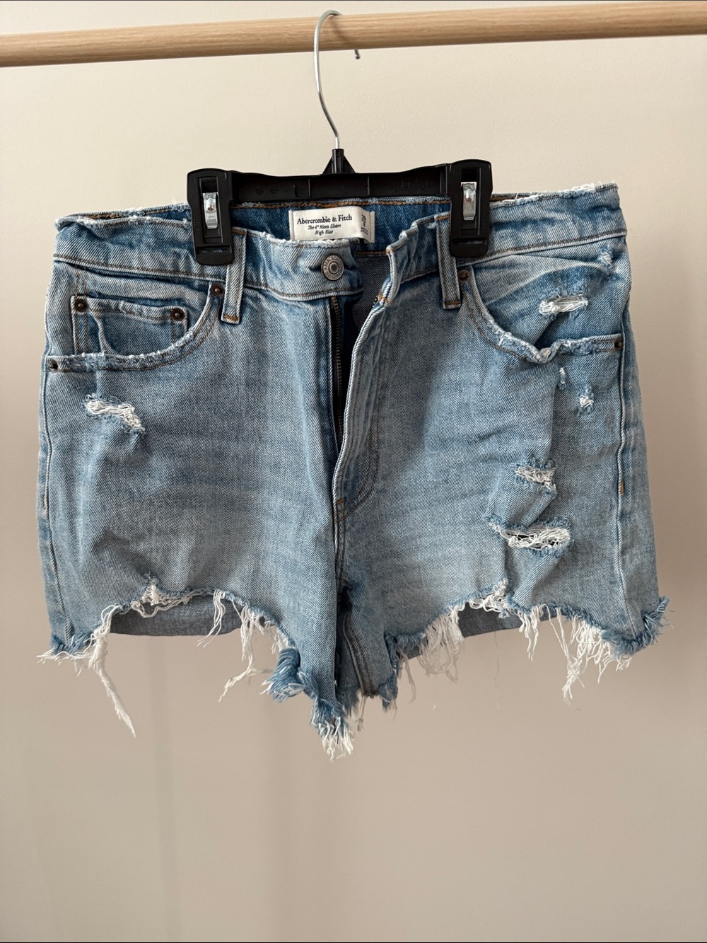 Abercrombie & Fitch Light Blue Distressed 4” Mom Denim Cutoff Shorts